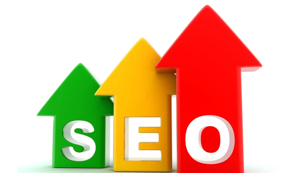 Green, yellow, and red arrows forming the word SEO, symbolizing search engine ranking improvements and traffic growth.