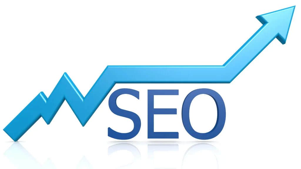 A blue SEO text with an upward-trending graph arrow, representing digital growth and search engine optimization success.