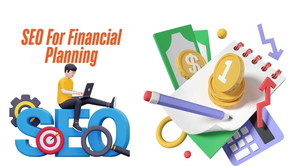 3D illustration of a person working on SEO with financial elements like coins, charts, and graphs symbolizing digital finance strategies.