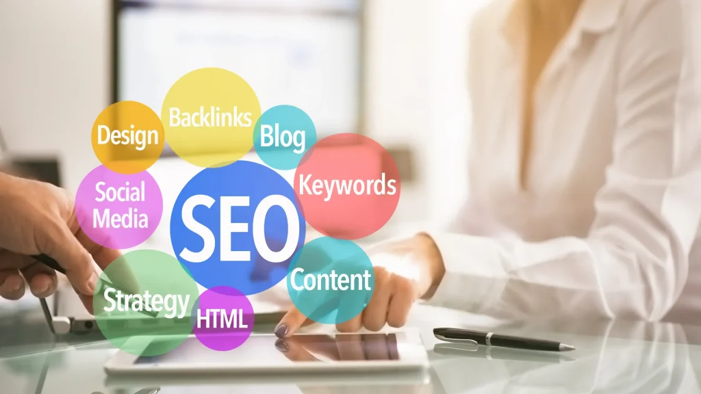 SEO keywords and services shown on tablet screen. About Connect SEO Ltd helps with content, backlinks, and strategies.