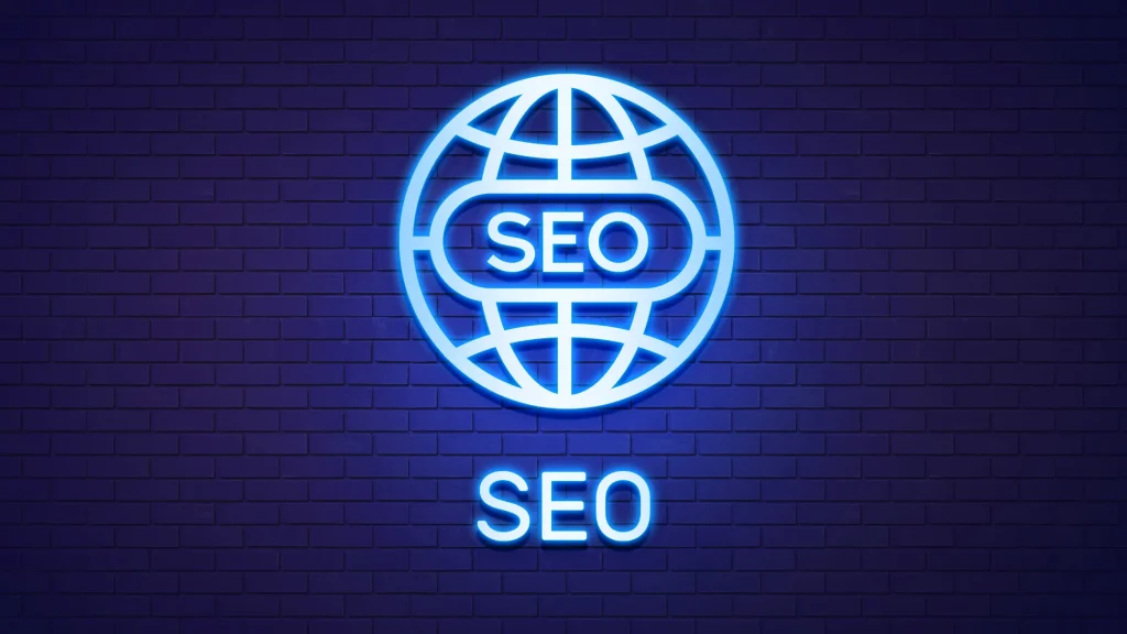 Neon SEO icon on a brick wall. About Connect SEO Ltd offers digital marketing solutions, including SEO services for businesses.