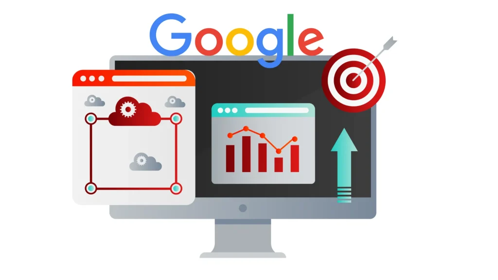A computer screen showing SEO analytics, a Google logo, charts, and a target symbol representing search engine ranking improvements.