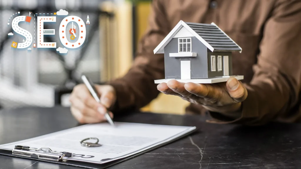 A real estate agent holding a miniature house while signing a contract, with a digital SEO design in the background.