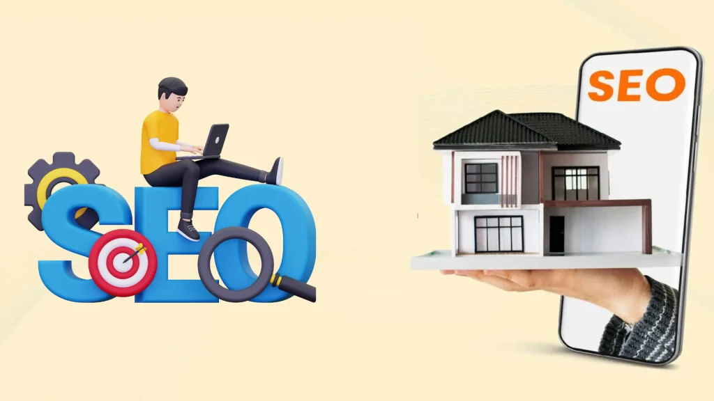 A 3D illustration of a person working on SEO with a laptop, alongside a smartphone displaying a house model.