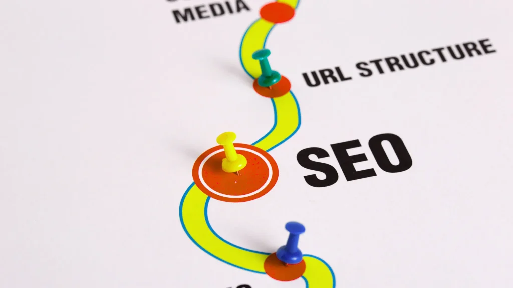 A roadmap-style visual with push pins marking SEO milestones like URL structure and social media, emphasizing strategic planning in search optimization.