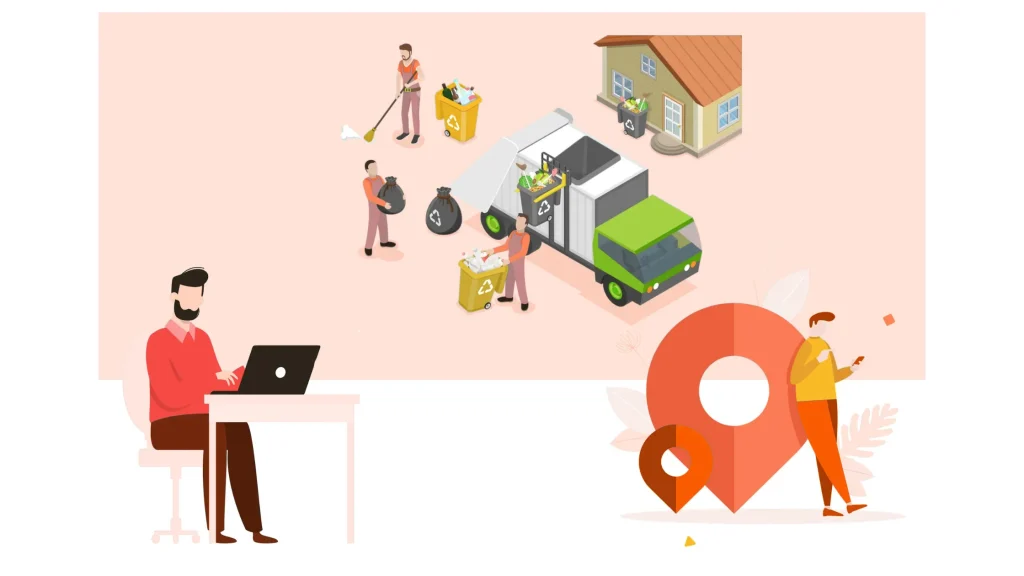 An illustration of junk removal workers collecting waste with a recycling truck, while a person uses a laptop for SEO management.